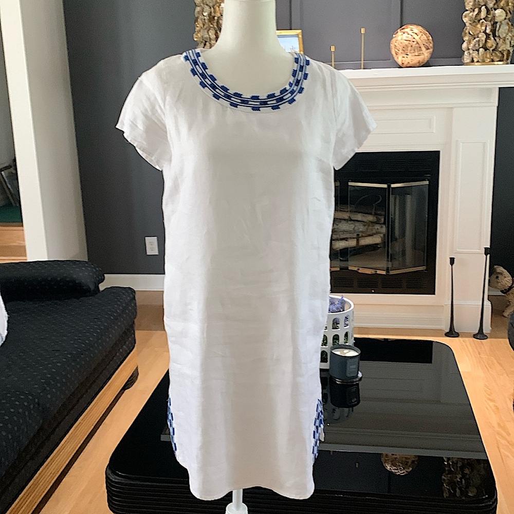 White Linen Blue Embroidered Dress